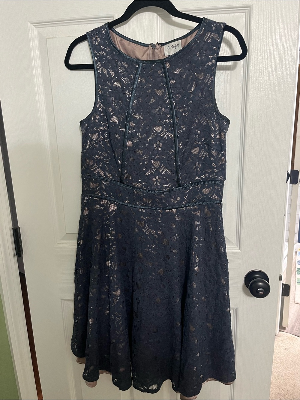 Taylor Navy Lace Midi Dress with Blush Underlay